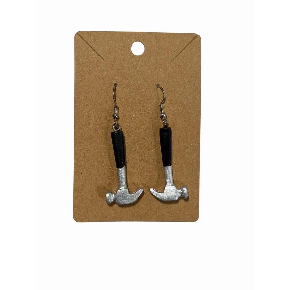 Silver Tone Hammer Charm Drop Earrings Novelty Tool Jewelry Black Handle DIY